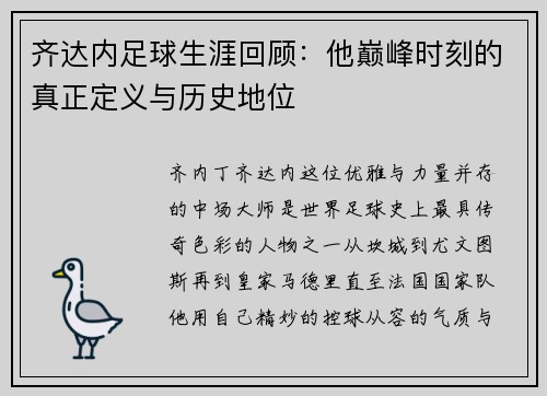 齐达内足球生涯回顾：他巅峰时刻的真正定义与历史地位