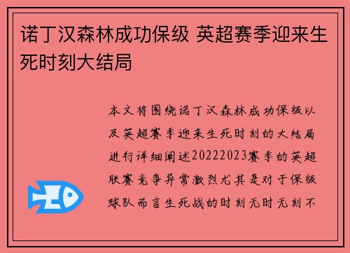 诺丁汉森林成功保级 英超赛季迎来生死时刻大结局
