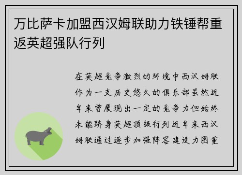 万比萨卡加盟西汉姆联助力铁锤帮重返英超强队行列 万比萨卡加盟西汉姆联助力铁锤帮重返英超强队行列